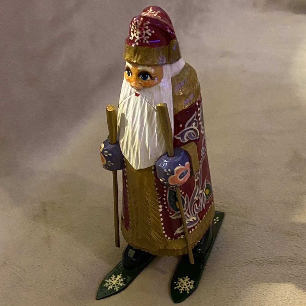 Russian Handcrafted Holiday Santa Figurine - Red and Gold 8”
